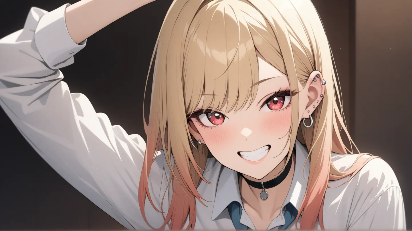 (masterpiece, best quality, very aesthetic, ultra detailed), intricate details,
1girl, kitagawa marin, sono bisque doll wa koi wo suru, blonde hair, red eyes, ear piercing, barbell piercing, black choker, collared shirt, white shirt, earrings, blue necktie...