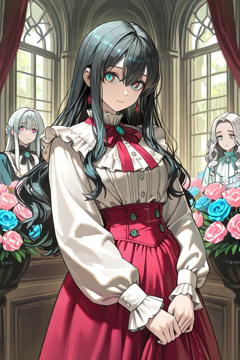 (masterpiece, best quality, highly detailed, ager) 2girls, 2 people, 
1girl, noble lady, black hair, long straight hair, turquoise eyes,  beautiful face, beautiful colors, bangs, hair between eyes, medium shot, victorian clothes, dress, sickly look, black ...