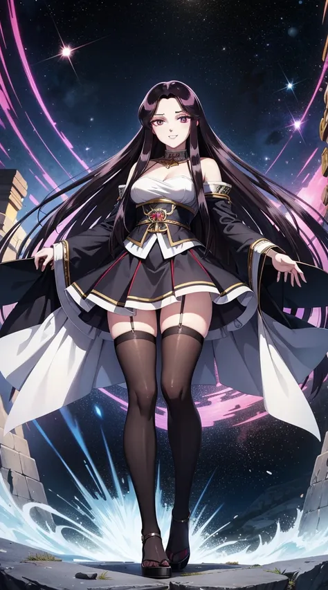 The art with openings of the Japanese anime : white skin and red lips, short and tight black dress, thigh-high stockings, beautiful legs , She has a strong and sexy body  , safe appearance , medium breasts,,, Pandora, purple eyes, black hair, long hair,, f...