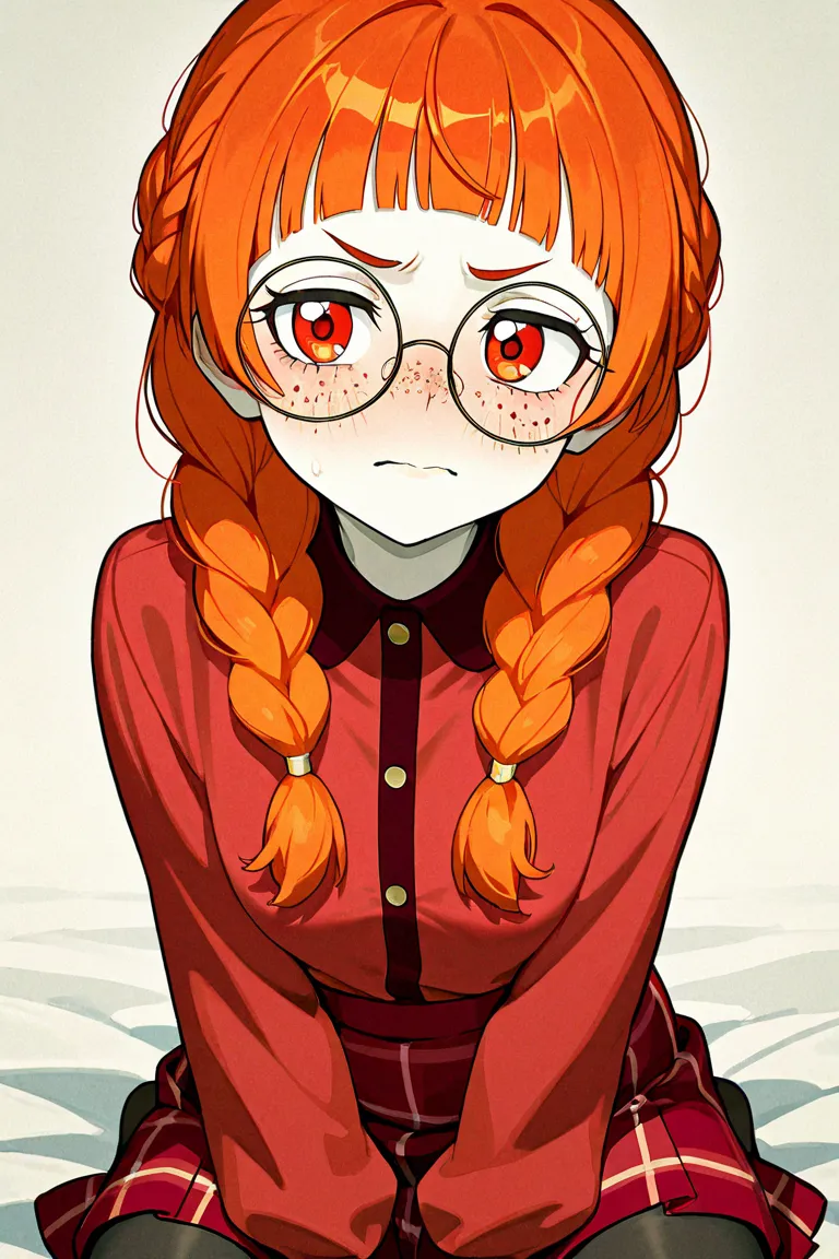 An anime-style girl, with long bright and smooth orange hair, bangs, with a wreathed braid around her head. thin face, her eyes are reddish amber with pale skin, freckles scattered across the cheeks and nose.  young adult, big chest and waist, She wears a ...