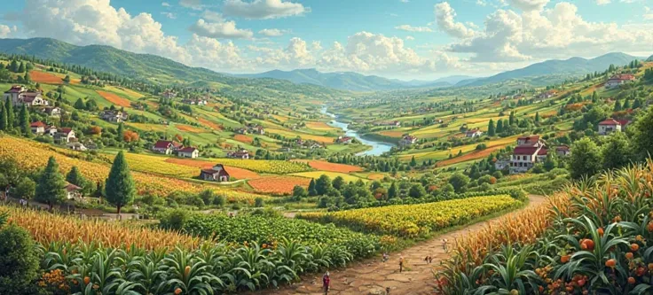 A panoramic picture that reflects agricultural diversity, where several basic crops are mixed in one scene full of life and nature..

