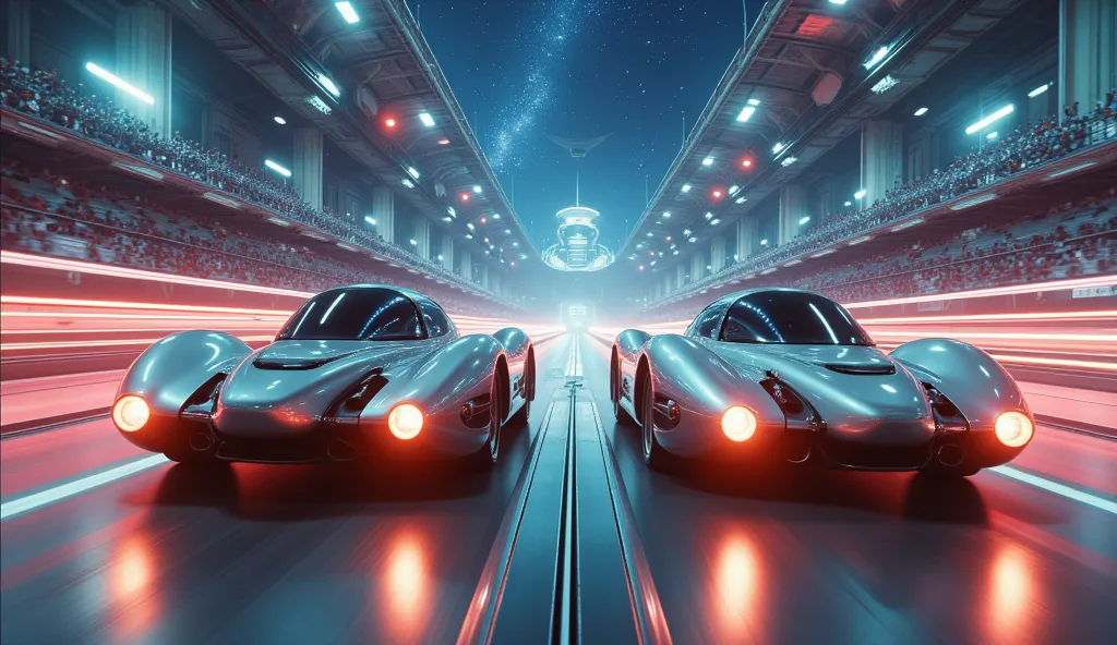 A thrilling finish line moment as two racers cross almost simultaneously, their vehicles reflecting the dazzling lights of the floating space stadium.