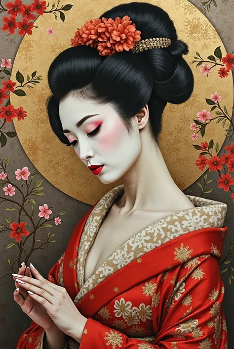 collage painting, many geishas, dramatic, sexy, romanticism, neo-classical, experimentalism, baroque, impressionism, expressionism, unexplained beauty, avant garde, art deco, art nouveau, 