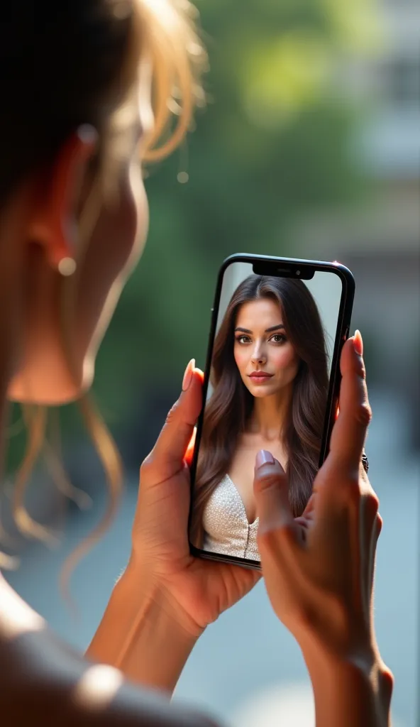 "A close-up POV shot from a woman's perspective, looking at a smartphone screen. The screen shows a stunningly beautiful and sensual woman, with soft lighting accentuating her features. The background is slightly blurred, focusing on the phone in the woman...