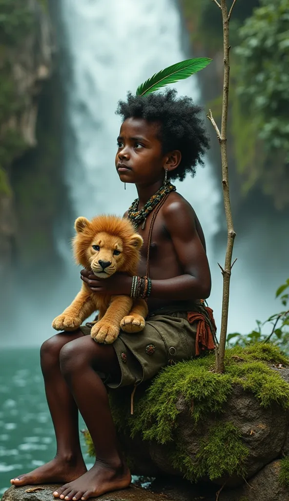 Create an image of an era, Entity by Umbanda Criança.  He is a boy about  ,He is wearing clothes and a green feather on his head and sitting on the edge of a waterfall  , She is also holding a small stuffed lion in her hands 