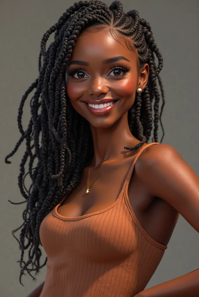 to create a 3D image of a black , of braids,  with a confident look , feeling happy and courageous.  with hand on waist