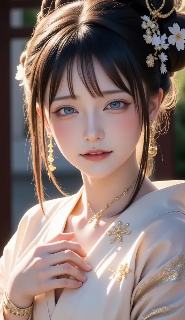 real image like the photo、８ｋ、The background is Kyoto、 full body image、The attire is a kimono、The upper body is bare、 Suspended Eyes、women with innocent expressions that leave the vibe of a girl、 Gold、Updo、blue eyeshadow、Cheek、lipstick、mascara、eyebrow、Full ...