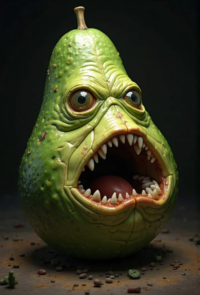 A hyper-realistic, ultra-detailed 4K render of a monstrous, living avocado creature with disturbingly organic features. Its skin is deep green, slightly wrinkled, and stretched over an overripe, swollen body, with small cracks revealing glimpses of pulpy f...