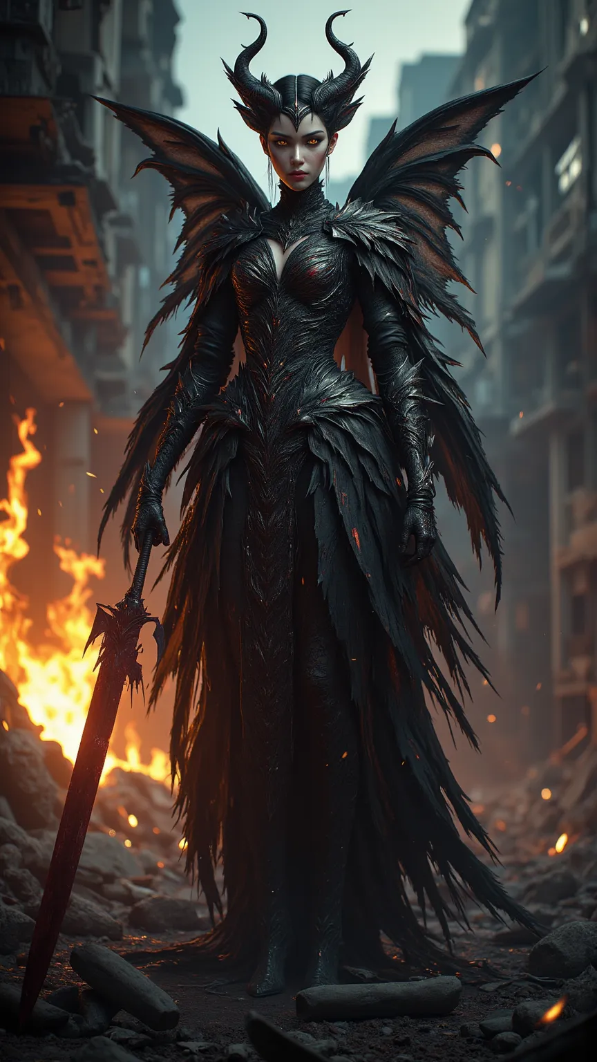 high quality photo quality with black wings and sharp horns。The model is a devil with the face of a beautiful Japanese girl、Deserting on a desolate battlefield。Dressed in black armor、holding a blood-soaked sword in one hand。surrounded by collapsed building...