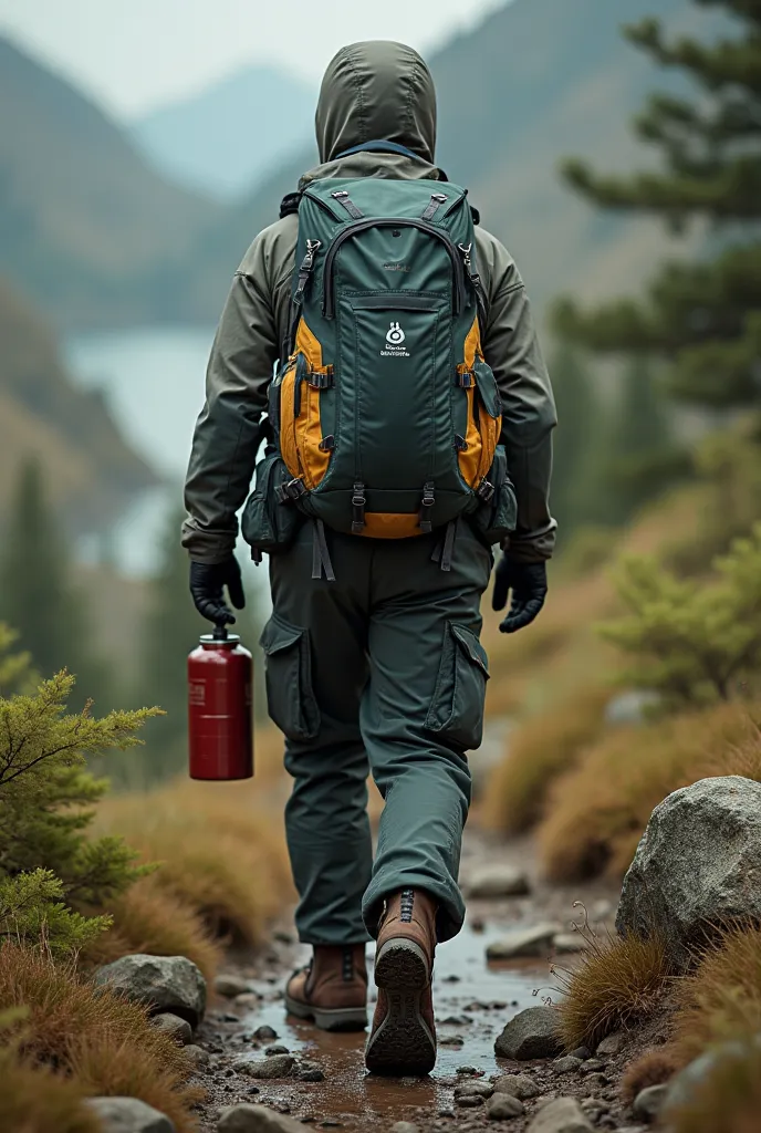 boots, water bottle, rubber pants, small bag, nutritional bars, waste collection bags