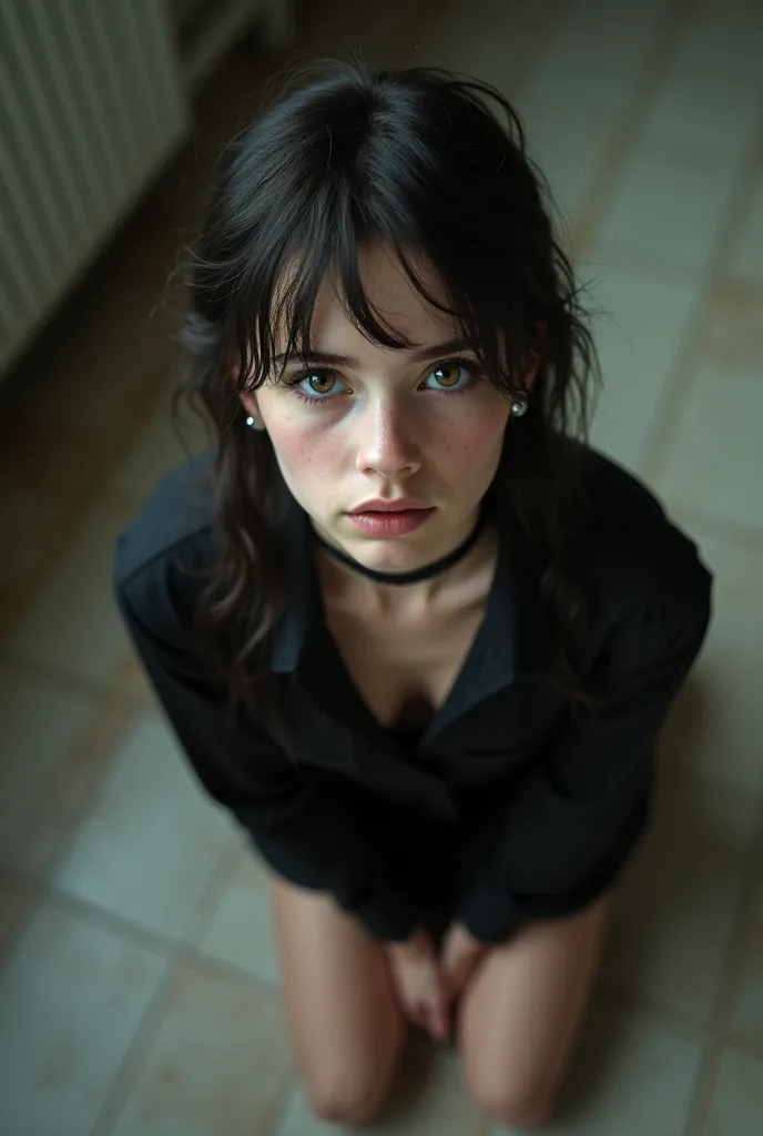 Realistic photo of a cute short petite little Russian high school goth girl kneeling. View from above. She exposes her flat chest. She has a perfect thin waist and a diminutive body. She gives viewer a curious innocent look. She wears an unbuttoned thin sh...