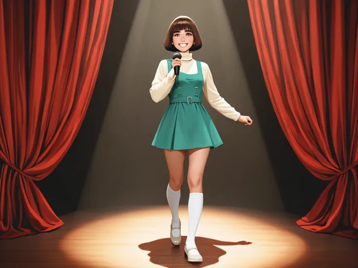 [quality]: masterpiece, best quality, high resolution, very aesthetic, absurdres, newest, professional, high-quality, hyper-realistic, photograph, televison broadcast, video still, vintage, 1960s (style) [scene]: stage, red curtains, spotlight, [subject]: ...