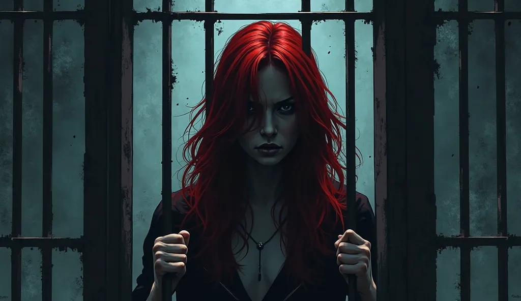 comic book style faceless woman with red hair being arrested in a melancholic scene with dark colors, after killing her husband, she was trapped in jail bars
