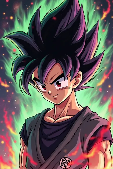 I want goten with black hair with purple and green highlights at the tips of his hair. Give him hair designed like super saiyan 3 and give him red eyes like besst gohan. Make a fiery aura around him that is a mix of green red and purple