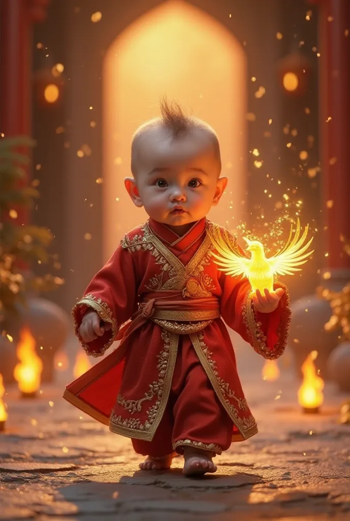 
(One Baby - 8K Ultra Realistic)
A baby in a red and gold ancient guardian outfit, holding a tiny baby phoenix glowing with golden flames, while walking through a sacred temple with fire lanterns.