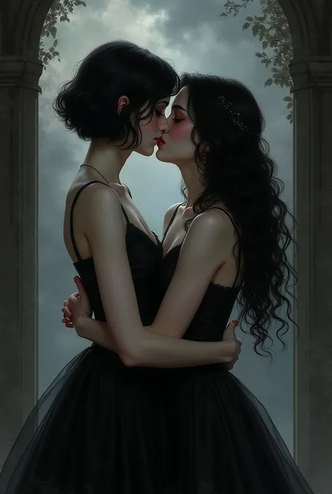 romanticism illustration, gothic aesthetic, girl with short black hair kissing another girl with long black hair.