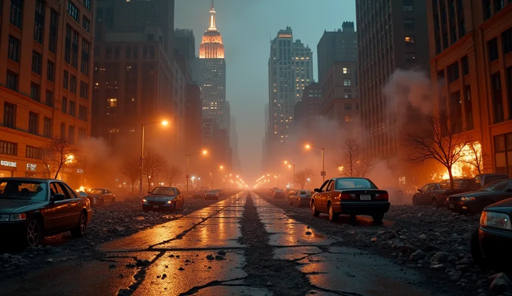 A hyper-realistic, cinematic night-time wide shot of a devastated city, resembling New York, reduced to ruins. The streets are filled with burning wreckage, overturned cars, and shattered glass reflecting dim firelight. The ground is cracked, smoke rising ...