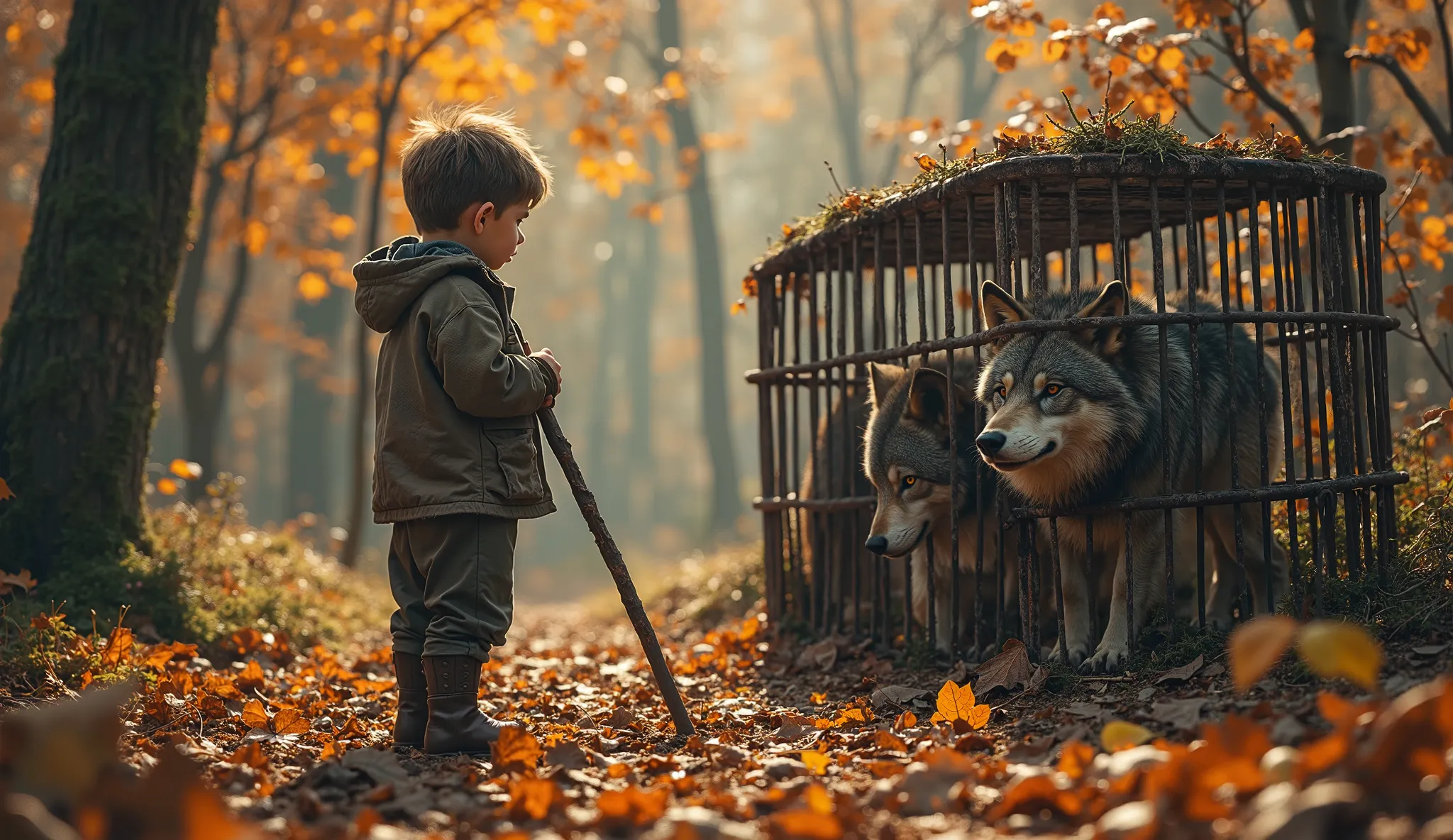 A  boy stands in an autumn forest, gripping a sturdy stick in his hands, his posture tense with determination. He’s standing near a large, rusted cage that holds several wolves, their piercing eyes locked on him. The surrounding forest is filled with the r...