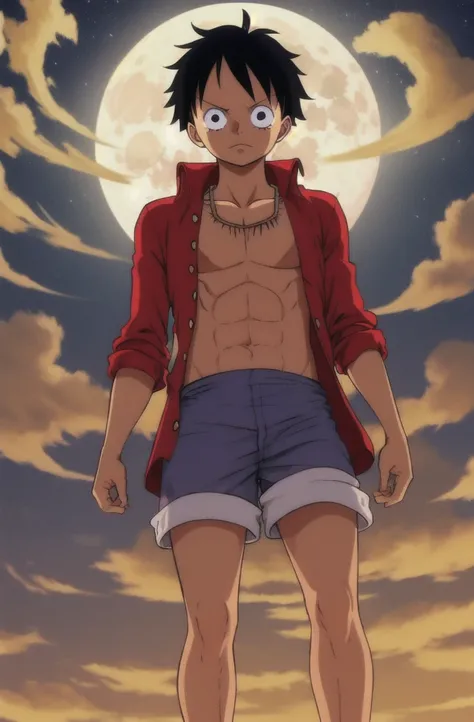 top quality,greatest masterpiece,8k,4K,score_9,score_8_up,score_7_up,score_6_up,score_5_up,score_4_up,Monkey D. Luffy,straw hat,顔のup,Scars under the eyes,Wound on chest, full moon,