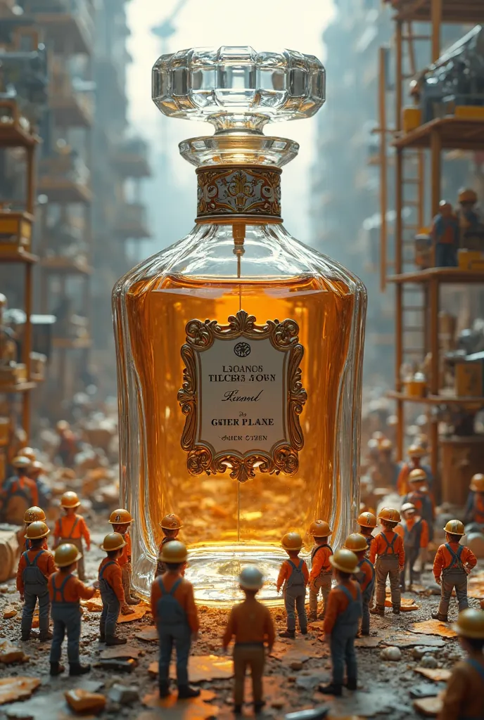 Small workers gather in front of a large perfume bottle as if they were on a work site.
