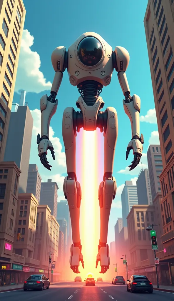 3D cartoon movie art. In the middle of a bustling city during daylight, an alien invasion robot descends. This bipedal machine was designed based on a captured Earth astronaut, scanned and replicated with alien technology. Its form resembles a futuristic s...