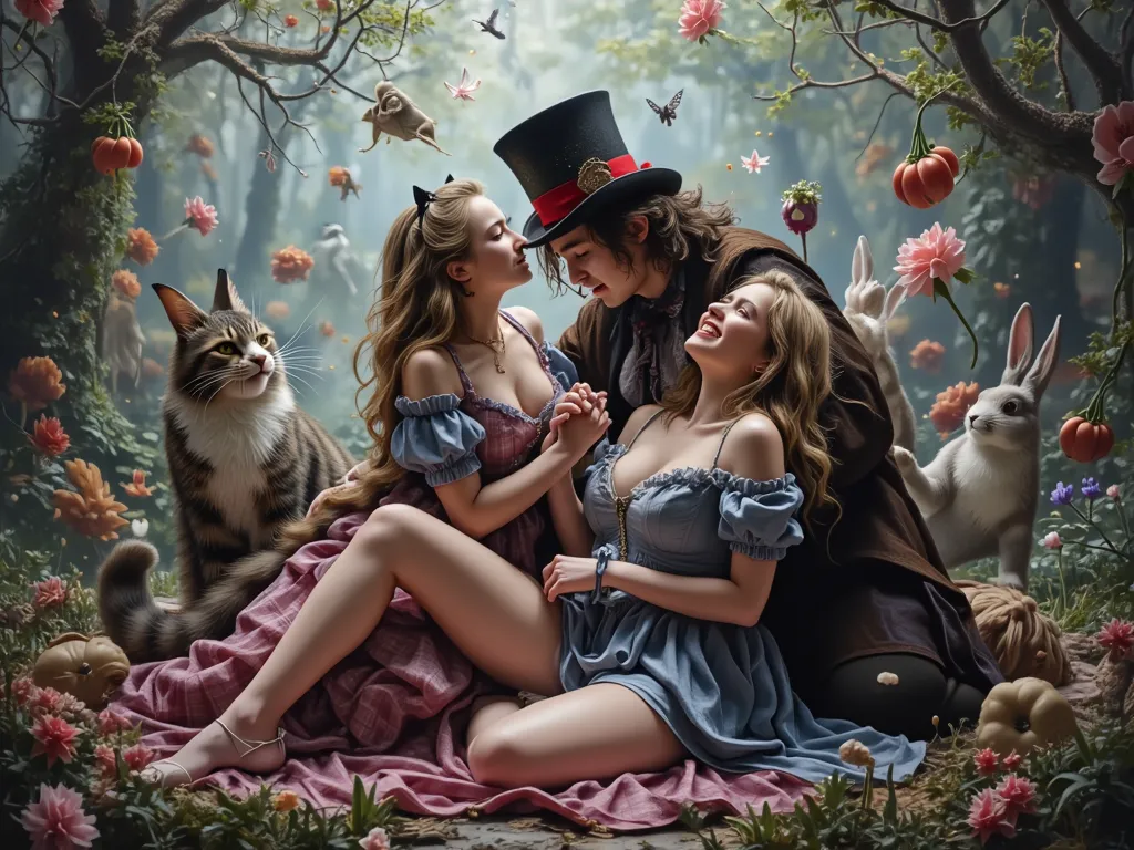 Alice in Wonderland in a porn version with the characters having sex, is set in a fantasy environment, with fantasy characters, orgy, hetero, oral, pussy and tits