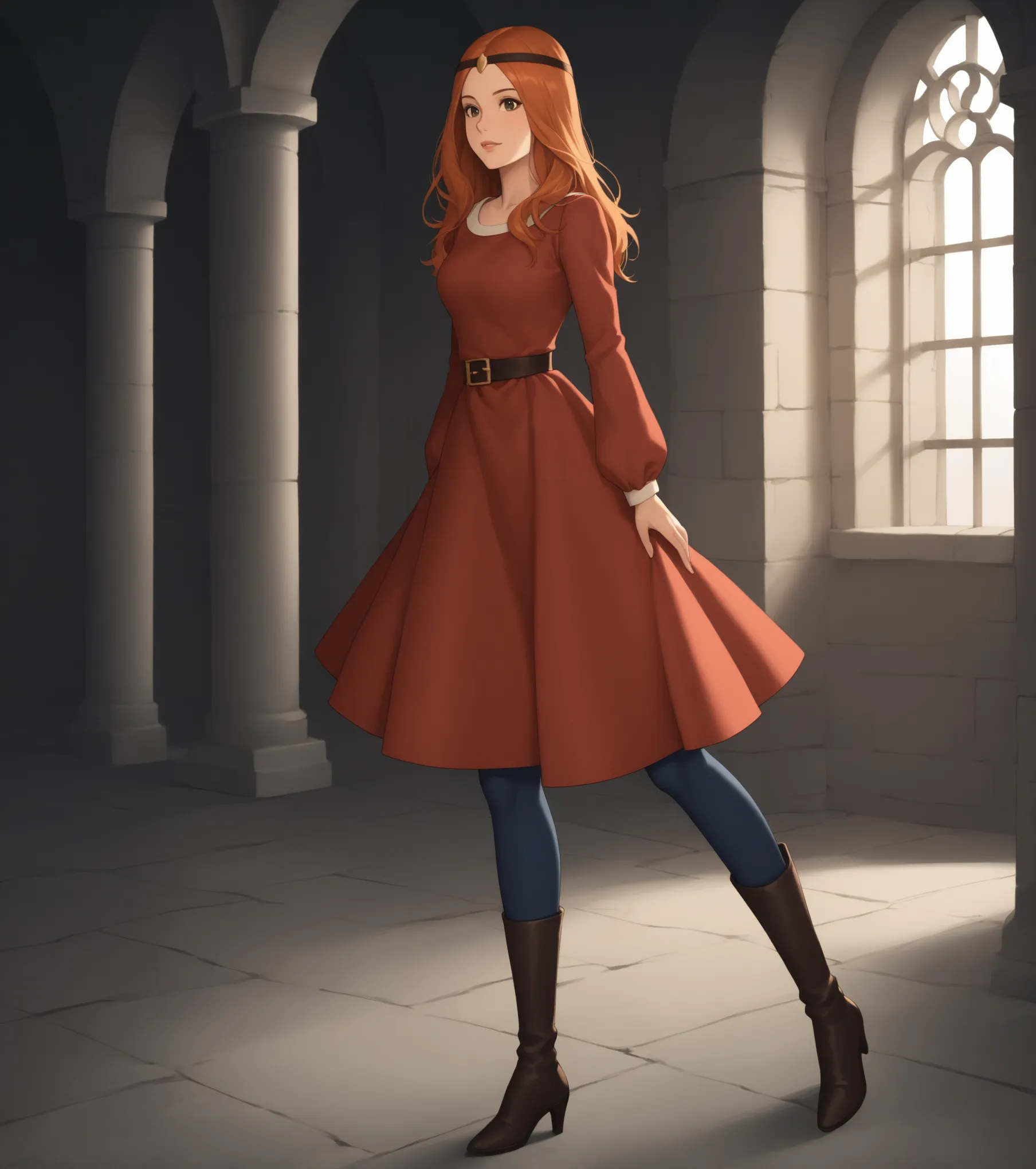 score_9, score_8_up, score_7_up,
beautiful aesthetic, very intricate, high quality details
princess_sabina, red hair, long hair (brown eyes), , indoors, castle, red tunic long sleeves dark blue leggings goldenrod boots 
