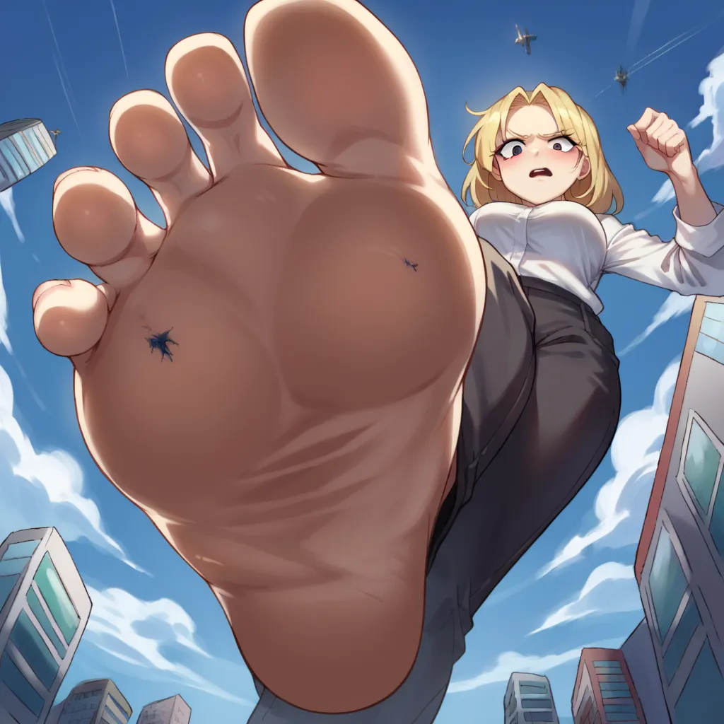 score_9, score_8_above, score_7_above, source_anime, BREAK POV : under Giantess , white skin tone , white shirt, black pants , blonde hair,from below,legs crossed,soles,city, destroying,car destroying