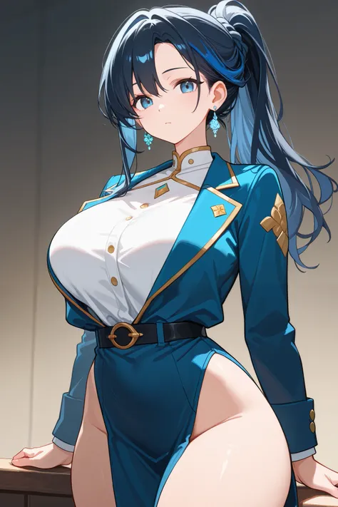 1 girl, Hair tied in ponytail, Black hair with some blue hair on the edges., blue eyes, but not bright, curvy body, wear a sexy jacket outfit, หน้าอกไซส์ปานกลาง, have a sliver earrings.