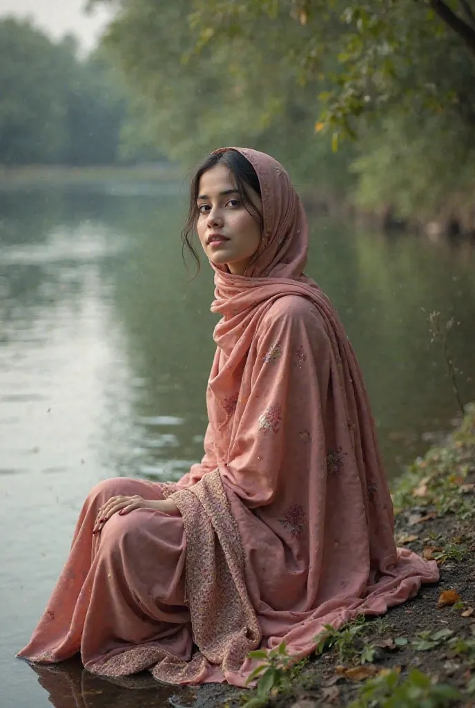 Hijabi young attractive Bangladeshi hijabi girl,25 years old,Bangladeshi girl, wearing hijab and salwar.sit on river side.
