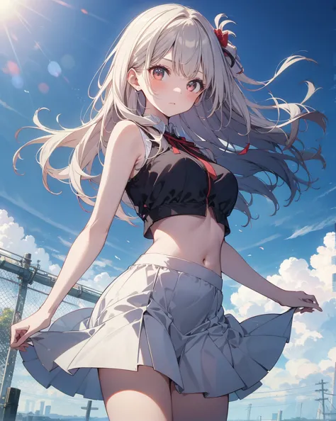 masterpiece,best quality,great quality,girl, anime、so beautiful、Hair swaying in the wind、has clear white skin、Belly Exposure、skirt swaying in the wind、The wrinkles on the skirt are real、Exposed upper arms、Thin, beautiful fingers、 thigh-to-head shot 、 half ...