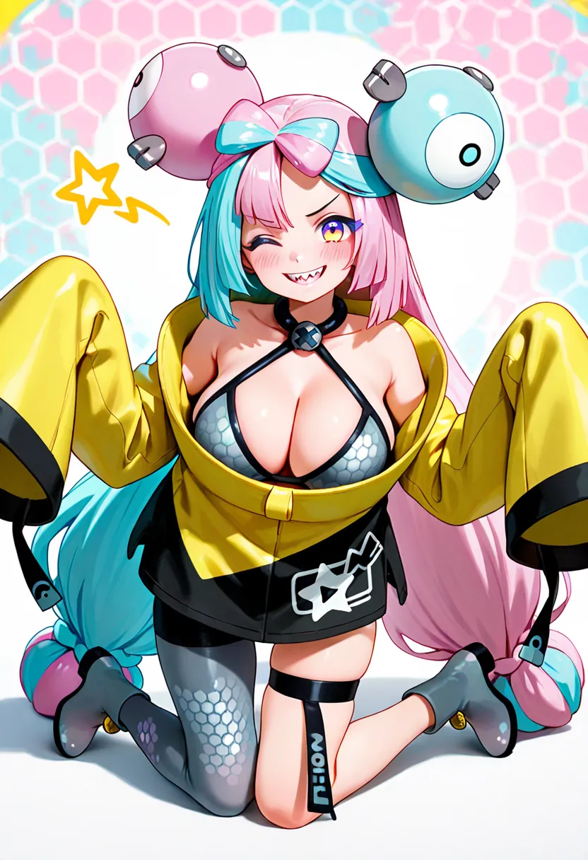 Iono (Pokémon),

One female, Solo,

Pigtails, Blue hair, Pink hair, Colorful hair, Character hair accessory, Ribbon-shaped hair, Two-tone hair, Low-rise long hair, Split-color hair,

Yellow eyes,

Sharp teeth,

Large breasts, (Large breasts: 1.2),, Cleavag...