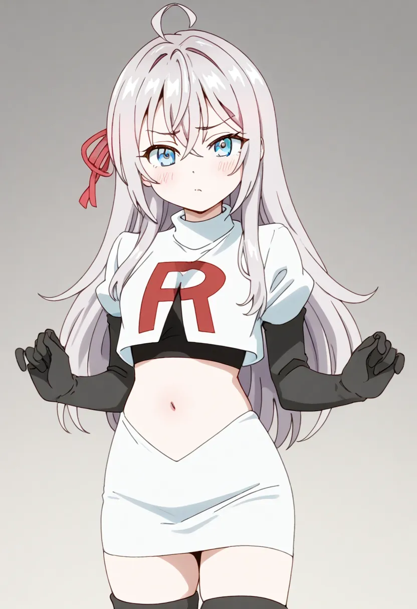 masterpiece, best quality, amazing quality,
1girl, solo, looking at viewer, gradient background, 
long hair, silver hair, ahoge, crossed bangs, red hair ribbon, sidelocks, blue eyes,
team rocket,team rocket uniform,white skirt,red letter R,crop top,black t...