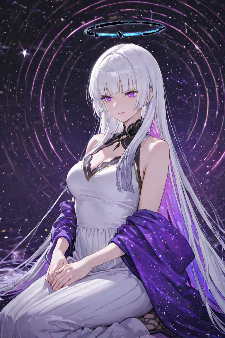 1 woman, adult woman, mature female, mature face, super long floor length straight white hair with bangs and with the ends dyed in a galaxy color (hime cut), wears a short white dress in the front and long in the back with galaxy colored details, a black h...