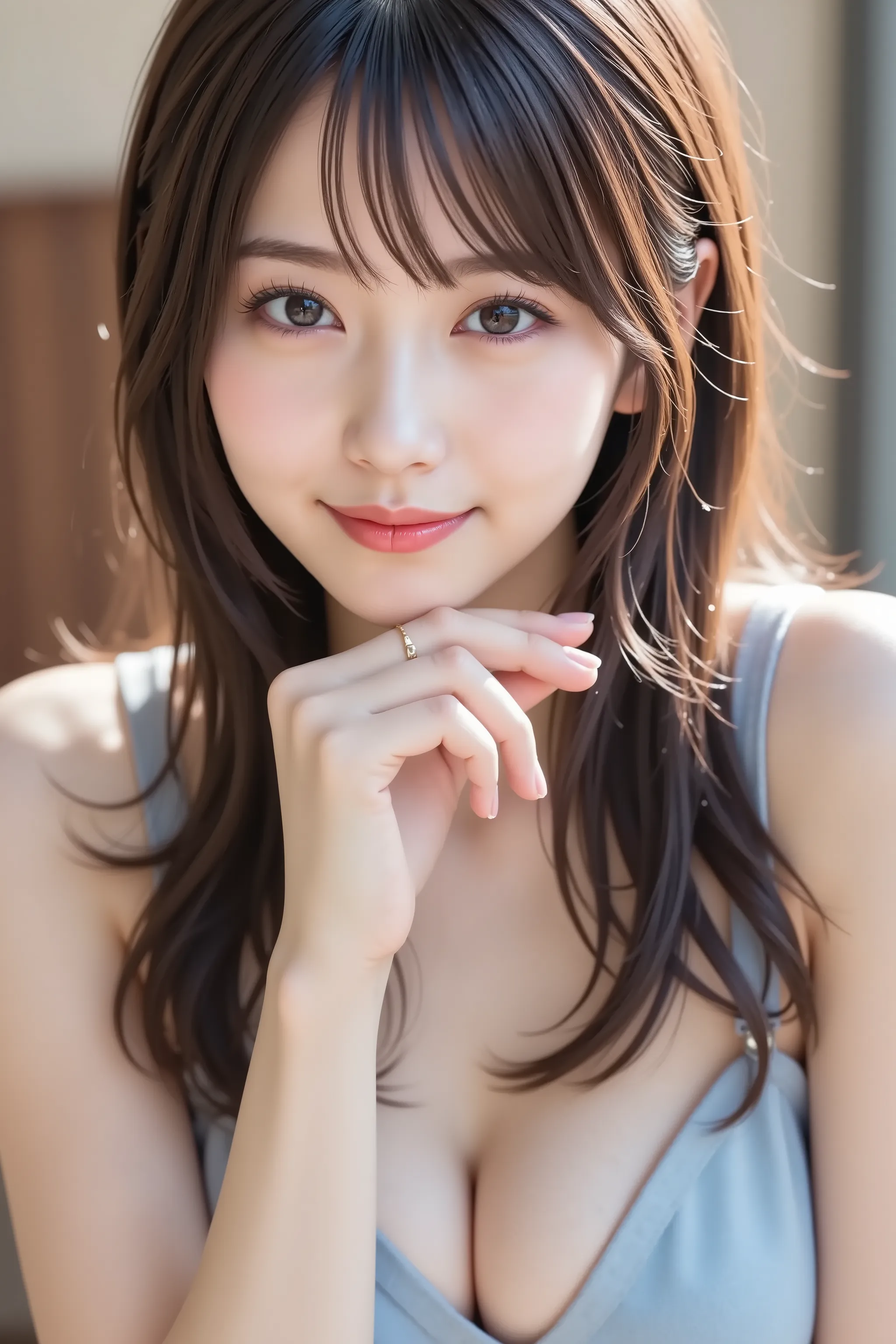 The face is positioned exactly in the center of the image, Cute pose、resting chin in hands , 's entire head is fully reflected , Face clearly visible,  black hair、bungs, smile, Young and cute Japanese faces , Hi-Res CG Unity 8K Wallpaper, very detailed, fi...