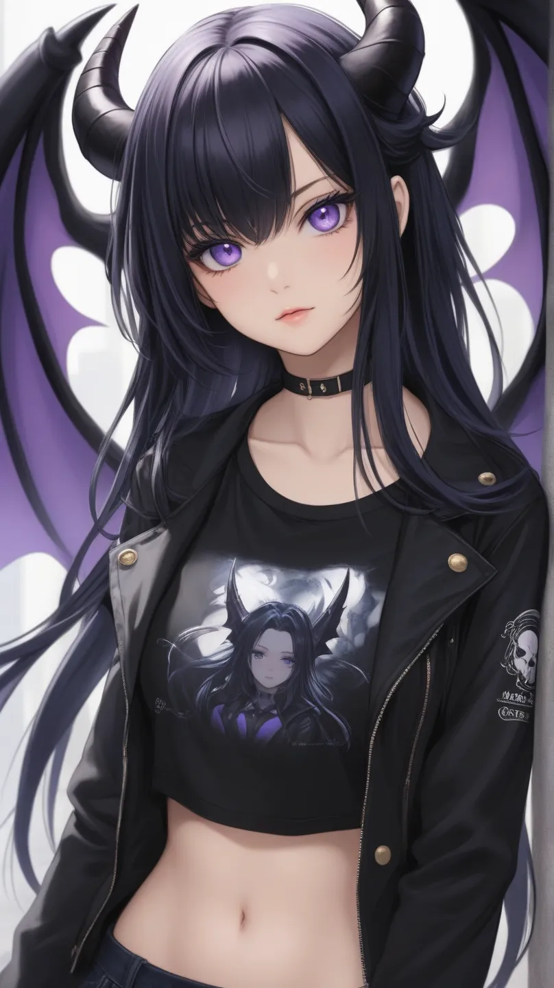  anime girl t-shirt, Long black hair, violet eyes,  She has a seductive look , has a black collar, Demon Horns and Wings, She's wearing a black jacket, with a dark blue jean