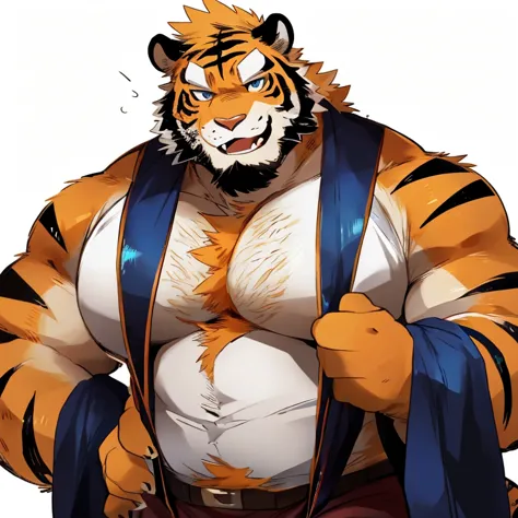 tiger, furry, orange fur, handsome, very muscular, very big, extremely hot and sexy, beard, hair, chest hair, charming eyes, solo, male, happy expression, daddy, full body, big body, clothes, middle aged, by hyaku, by darkgem, by glitter trap boy