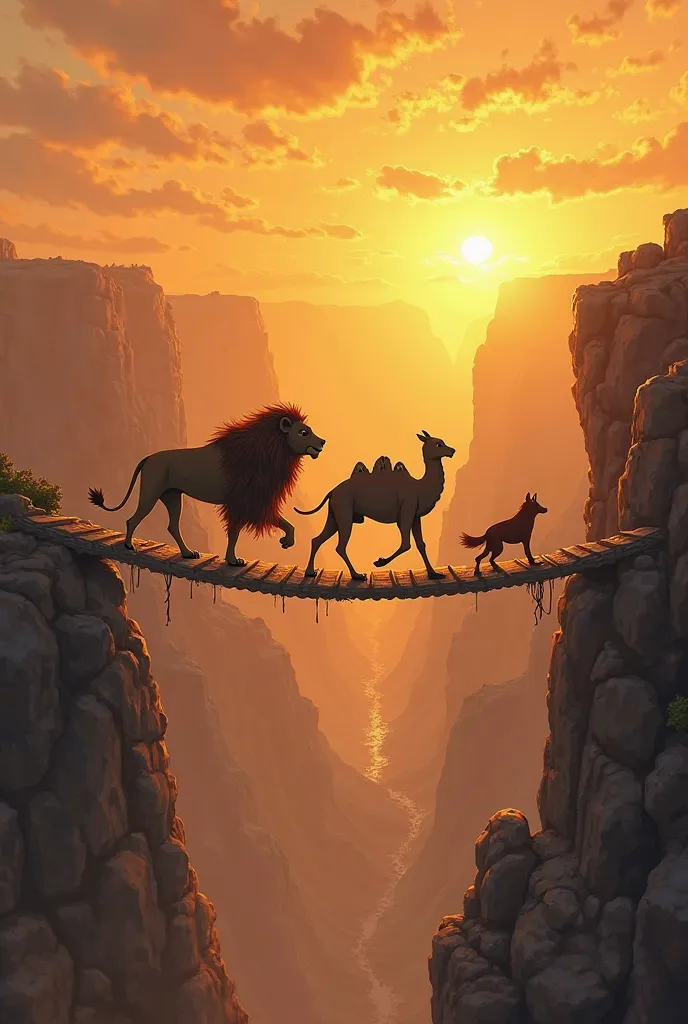 lion,Camel and a fox crossing a rope bridge over a deep gorge at sunset.