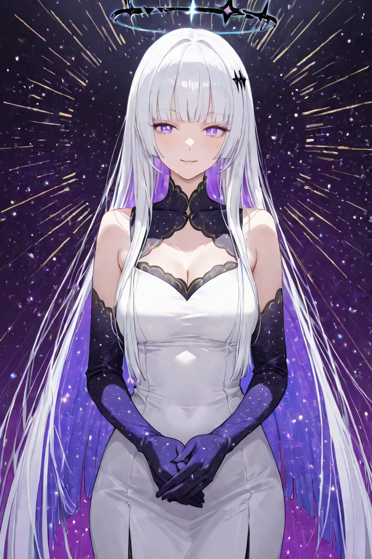 1 woman, adult woman, mature female, mature face, super long floor length straight white hair with bangs and with the ends dyed in a galaxy color (hime cut), wears a short white dress in the front and long in the back with galaxy colored details, a black h...