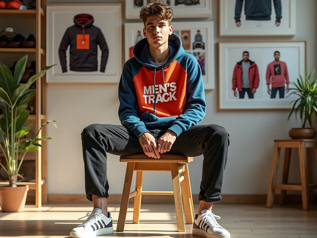 A stylish and modern fashion photography setting featuring a young male model sitting on a wooden chair, wearing a trendy casual outfit. The model is dressed in a vibrant hoodie with "MEN’S TRACK" written on it in a sleek, contemporary design, well-fitted ...