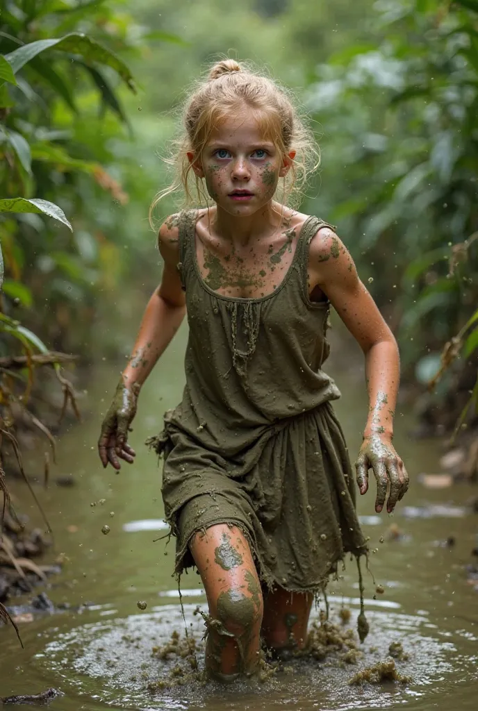 Young beautiful 18 years old Blond girl in skirt runs and fell into green muddy swamp, her face is all covered with mud, her hair is dirty and covered in mud, her dress is messed with mud, she is scared, it happen in green bright jungle, use bright colors