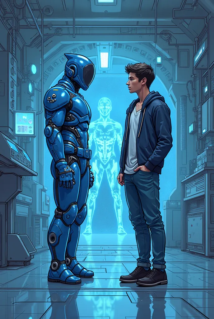 Scene Description:

A ager named Jay stands in a high-tech futuristic lab.
Jay is wearing:
A white shirt under an unbuttoned blue jacket.
Blue jeans.
Black shoes.
Jay is gazing at his reflection on the surface of Blue Sentinel, a sleek, armored blue suit.
...