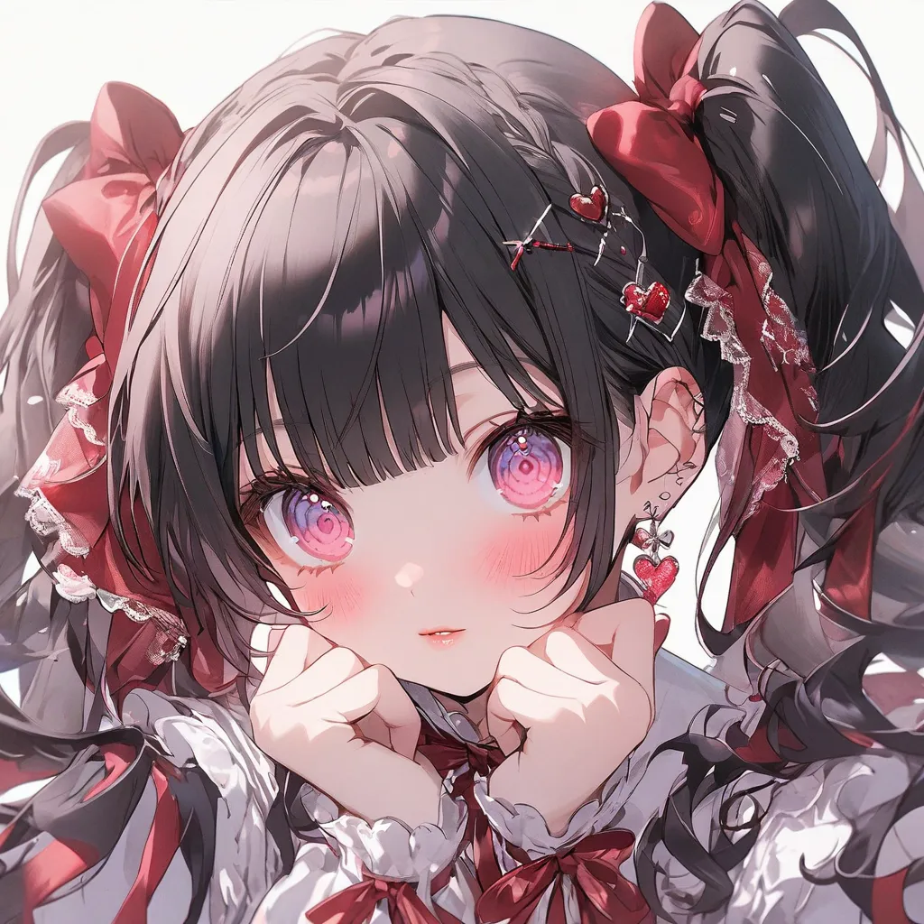 1 girl, cute、 Hair、Twin Tails、red lolita、pink eyes、Lace pattern　 glitter

