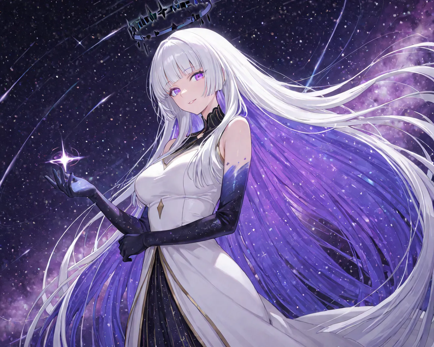 1 woman, adult woman, mature female, mature face, super long floor length straight white hair with bangs and with the ends dyed in a galaxy color (hime cut), wears a short white dress in the front and long in the back with galaxy colored details, a black h...