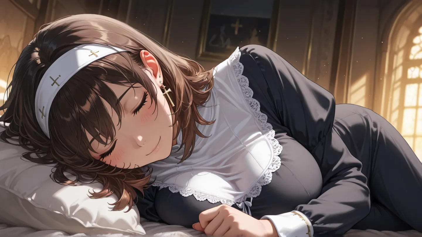 ((solo)), very cute face, very cute girl, ((Black hair with brown hair ends)), medium hair, Sleeping habit, closed eyes, large breasts, long sleeves, pajamas, cross earring, blush, light smile, lying, lying on side, sleeping expression, amazing masterpiece...