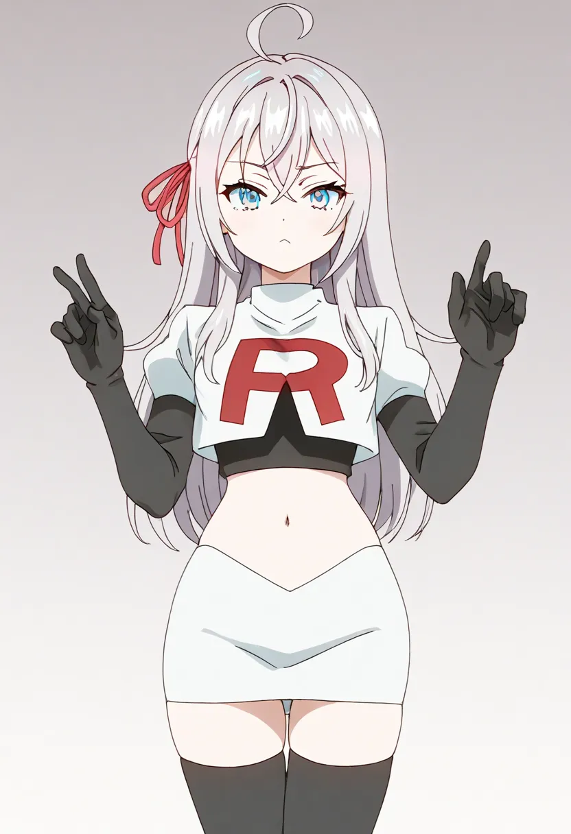 masterpiece, best quality, amazing quality,
1girl, solo, looking at viewer, gradient background, 
long hair, silver hair, ahoge, crossed bangs, red hair ribbon, sidelocks, blue eyes,
team rocket,team rocket uniform,white skirt,red letter R,crop top,black t...