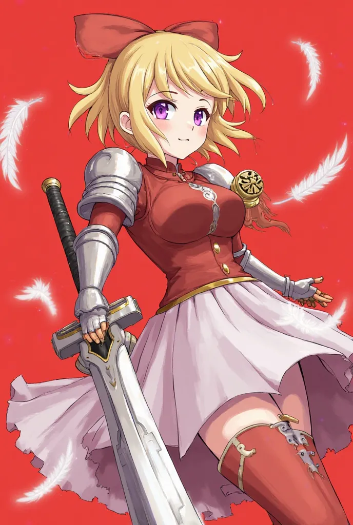 1girl armor ass blonde_hair bodysuit breasts cha_hae-in falling_feathers feathers from_below gauntlets greaves highres holding holding_sword holding_weapon looking_at_viewer medium_breasts parted_lips purple_eyes red_background red_bodysuit short_hair shou...