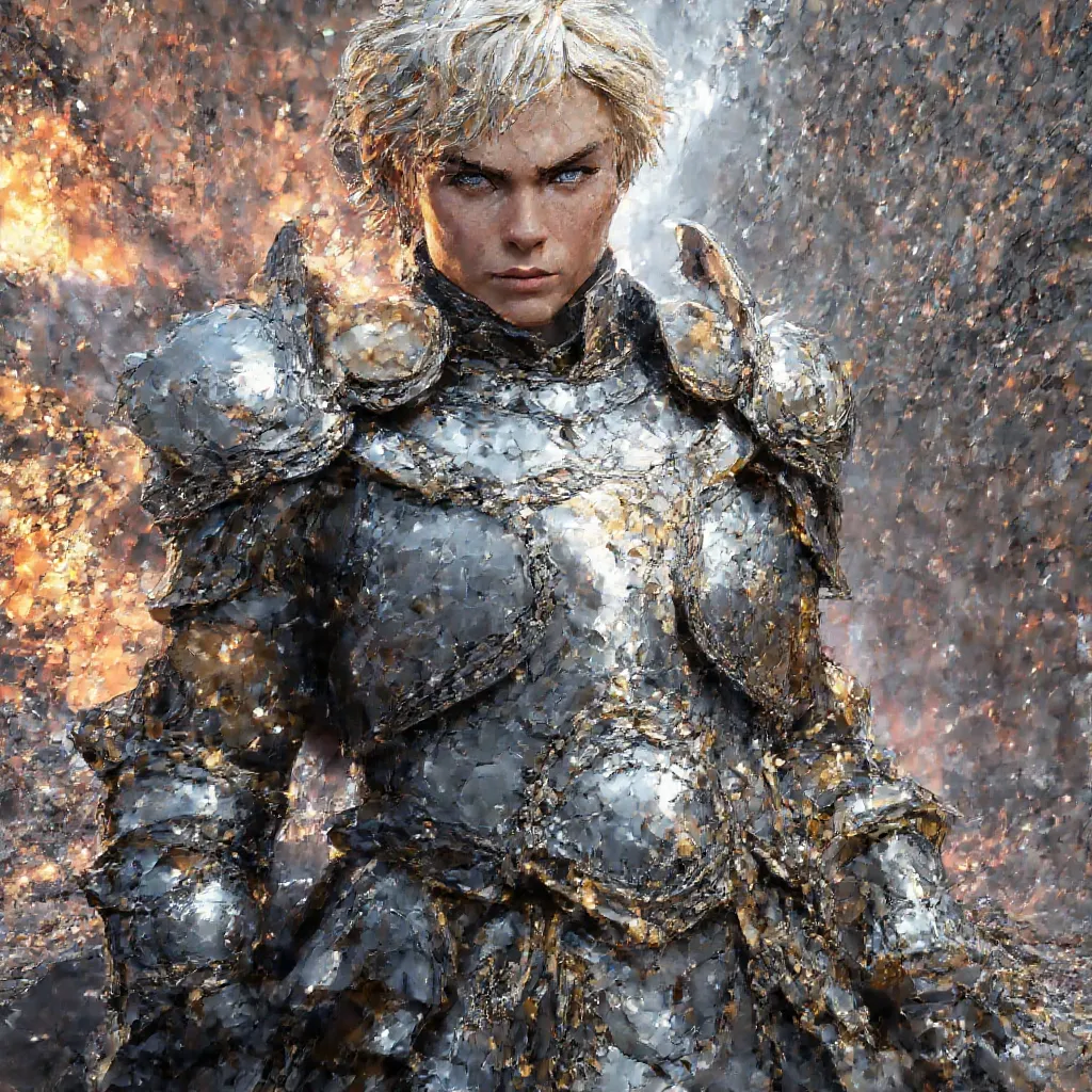 A paladin elf wearing silver armor and short hair, with burning buildings and destroyed structures , his determined and resolute expression.
