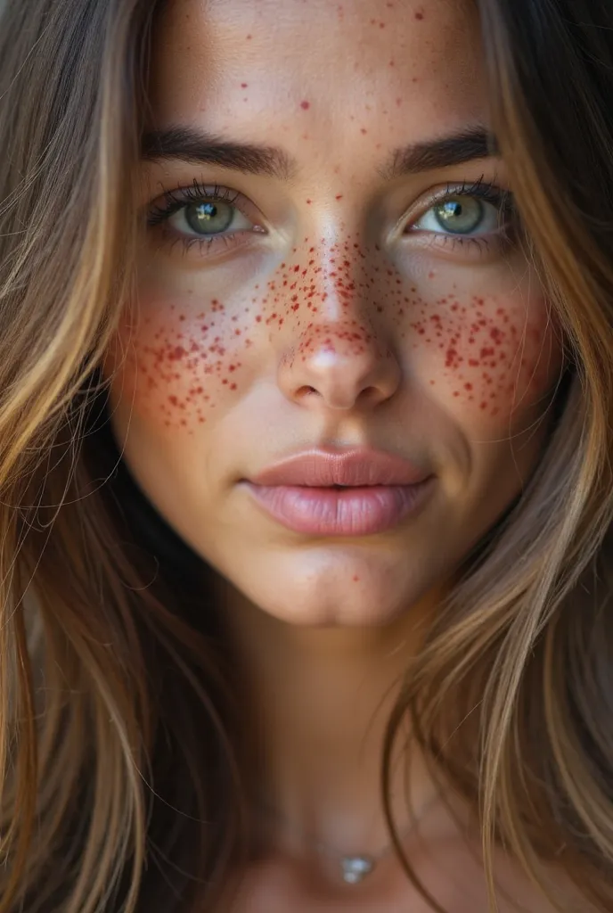 a close up of a woman with long hair and eyes speckled with freckles,  beautiful attractive face ,  attractive and handsome face , Light freckles, soft freckles, rosy cheeks with freckles,  Beautiful facial features ,  Light freckles e fofas , extremely be...