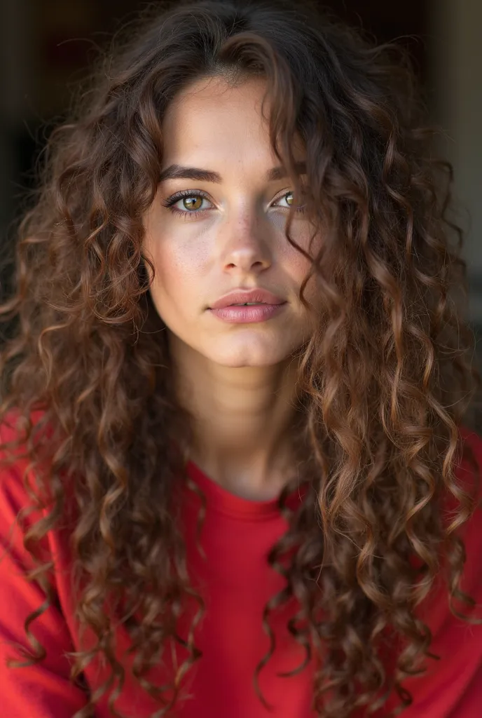 a close up of a woman with long hair and a red shirt,  pretty model, curly brown hair, long curly brown hair, cute beautiful, curly brown hair,  beautiful portrait image, extremely beautiful face, beautiful young woman, girl with brown hair,  beautiful and...